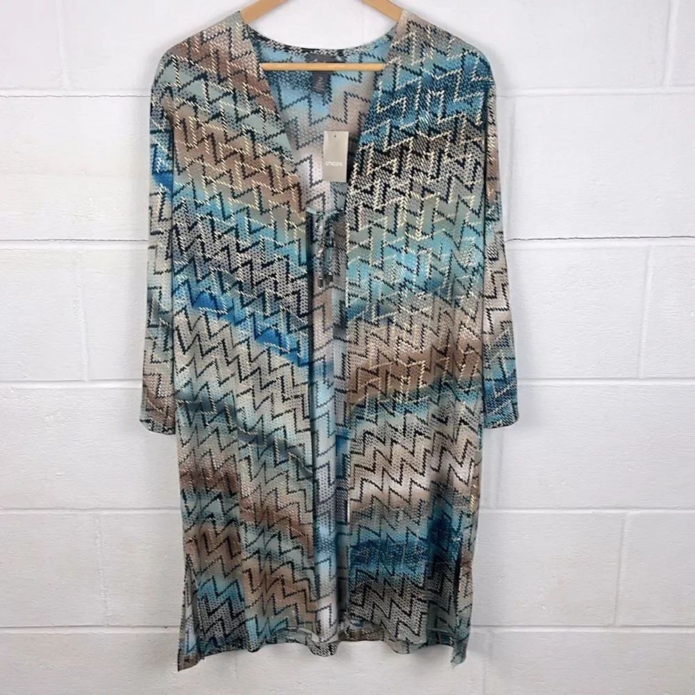 Chicoโs Travelers mirrored chevron tie frontโdusterโjacket